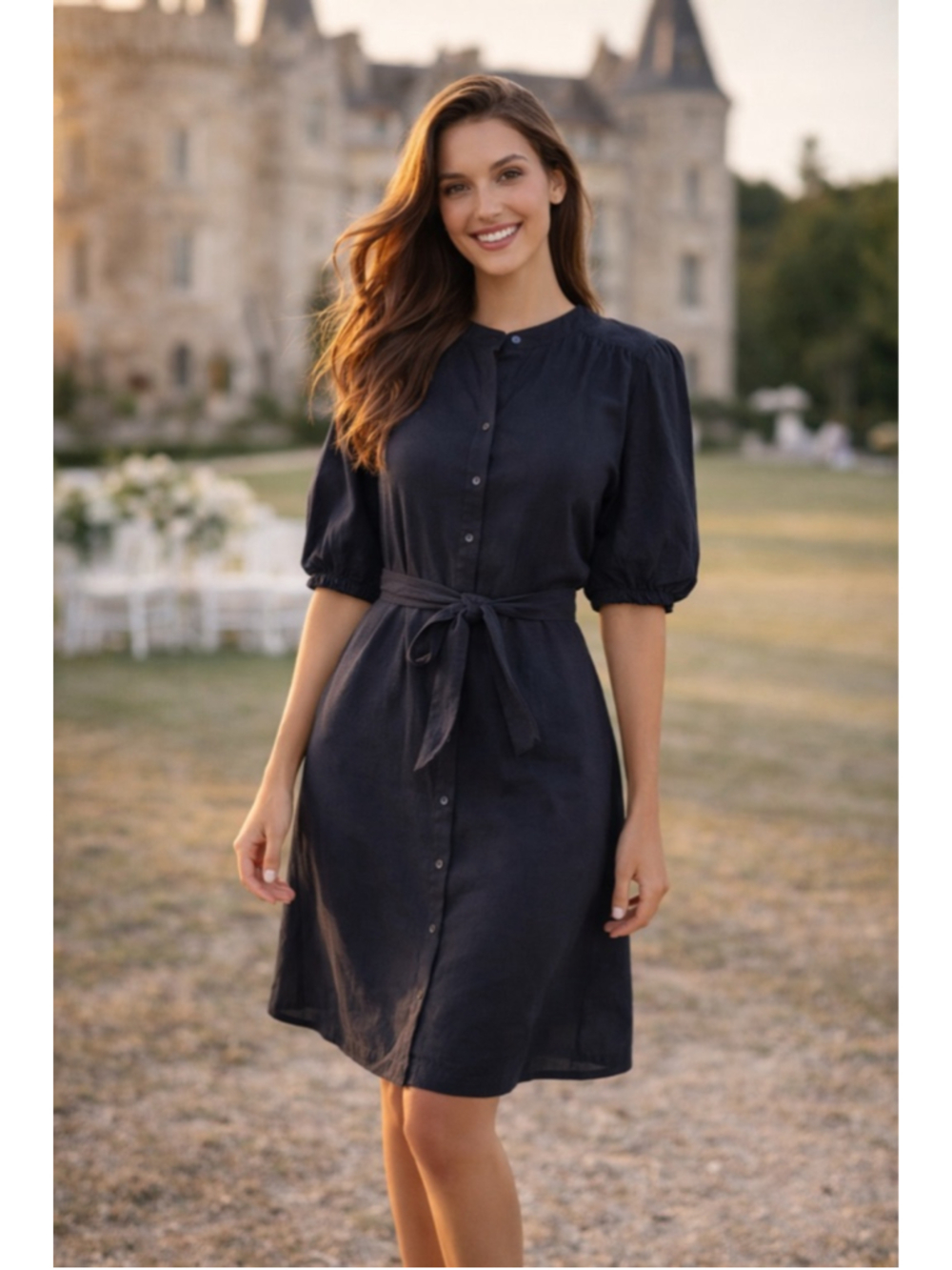 NWTs Serra Black Linen Midi Dress Button Front Cottagecore Quiet Luxury XL Boho